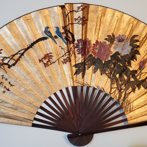 Accents Antique Painted Chinese Large Decorative Wall Fan Birds
